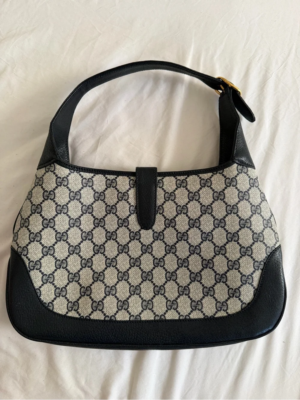Gucci Jackie Navy Leather and coated canvas Monogram with Web and Gold Hardware - Picture 2 of 13